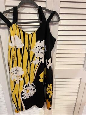 Yellow and Black Floral Mini Dress with White Accents